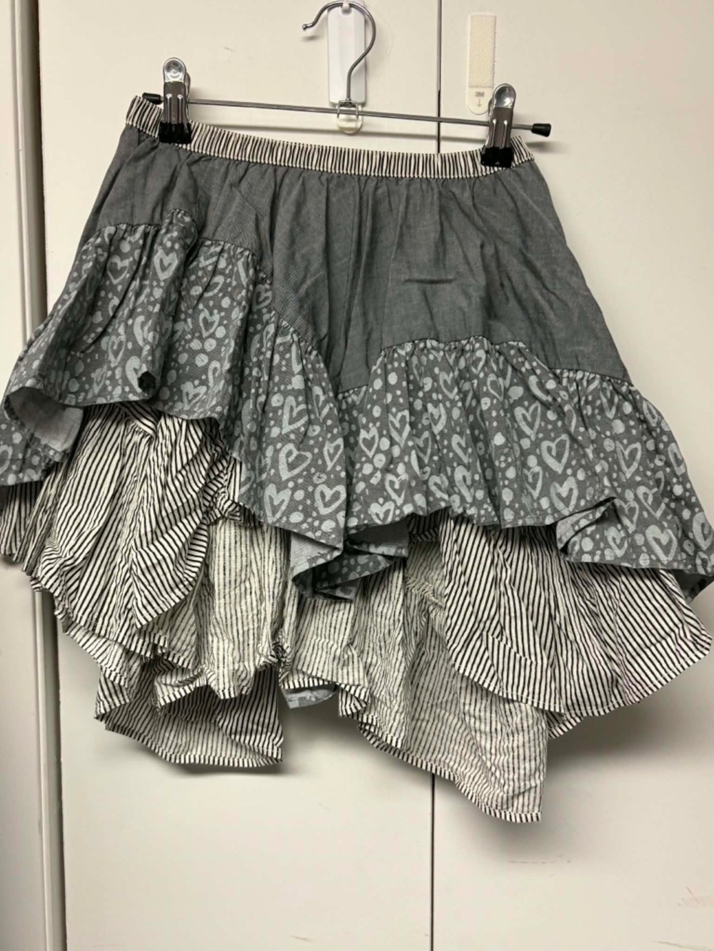 Paper Wings grey and white layered, asymmetrical ruffle skirt